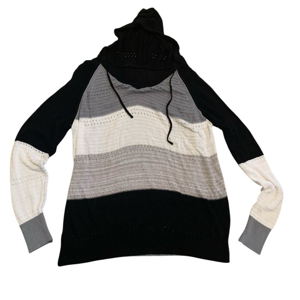 Striped Black White Gray Knit Hooded Sweater Pullover Tunic M/L